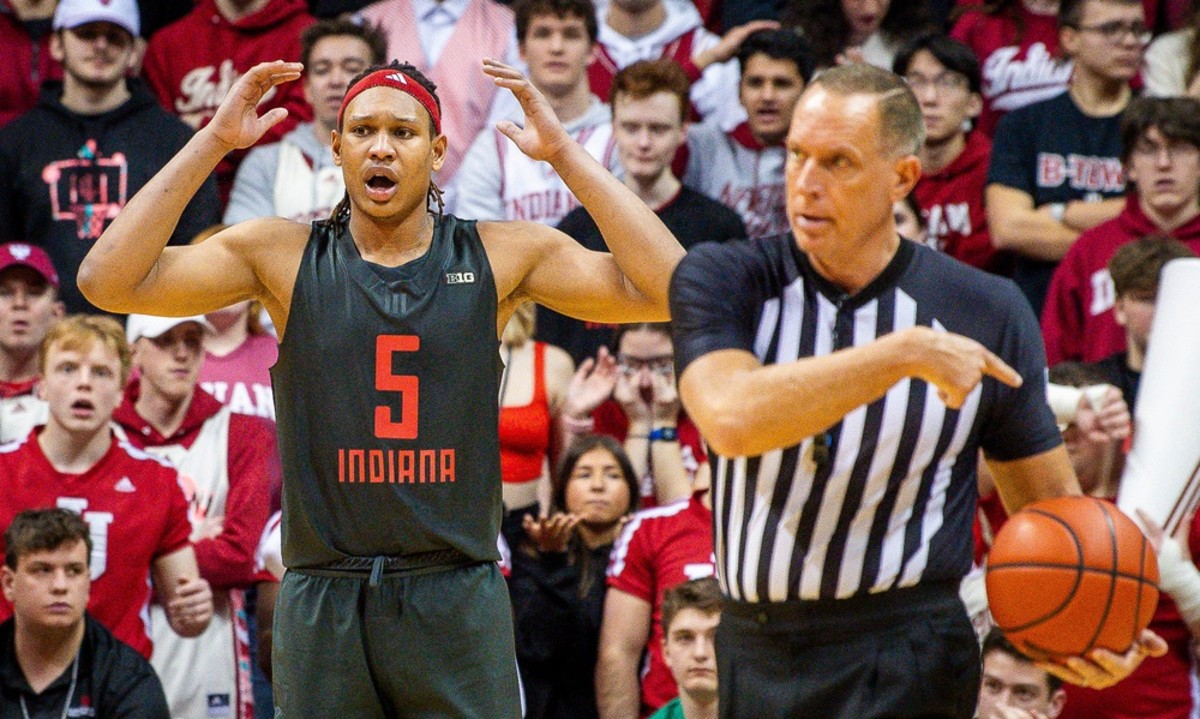 Indiana's Malik Reneau (5) reacts to getting his fifth foul during the second half of the Indiana versus Northwestern men's basketball game at Simon Skjodt Aseembly Hall on Sunday, Feb. 18, 2024.
